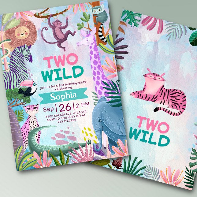 Convite Two Wild safari jungle animals Girl birthday (Criador carregado)