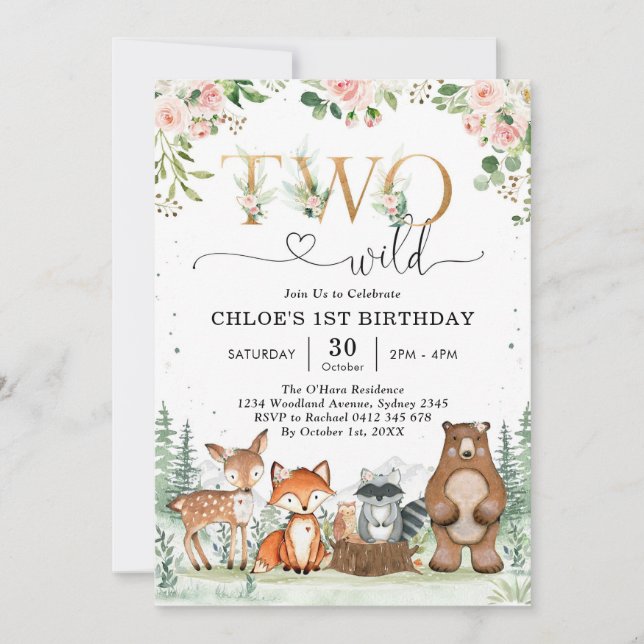 Convite Two Wild Woodland Party Animals Girl 2nd Birthday  (Frente)