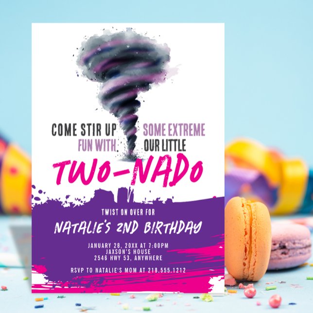 Convite Twonado Twister Tornado Rosa Roxo Aniversário (Twonado Twister Tornado Pink Purple Birthday Invitation)