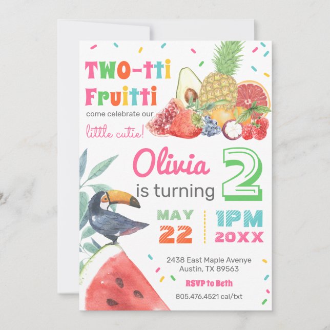 Convite Twotti Fruitti Tropical Fruta Toucan Aniversário (Frente)