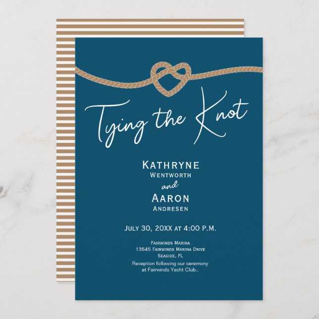 Convite Tying the Knot Rope Coastal Blue Nautical Wedding  (Frente/Verso)