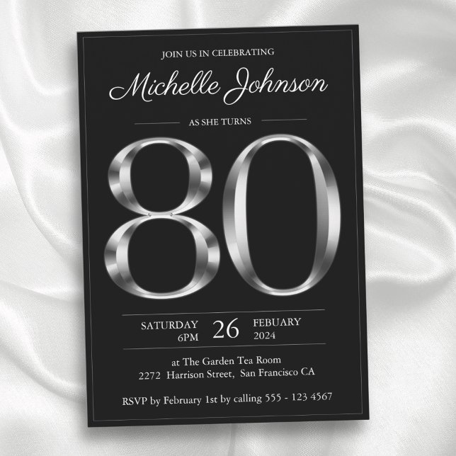 Convite Typografia Black and Silver 80 Birthday (Typography Black and Silver 80th Birthday Invitation)