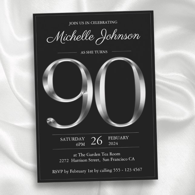 Convite Typografia Black and Silver 90 Birthday (Typography Black and Silver 90th Birthday Invitation)
