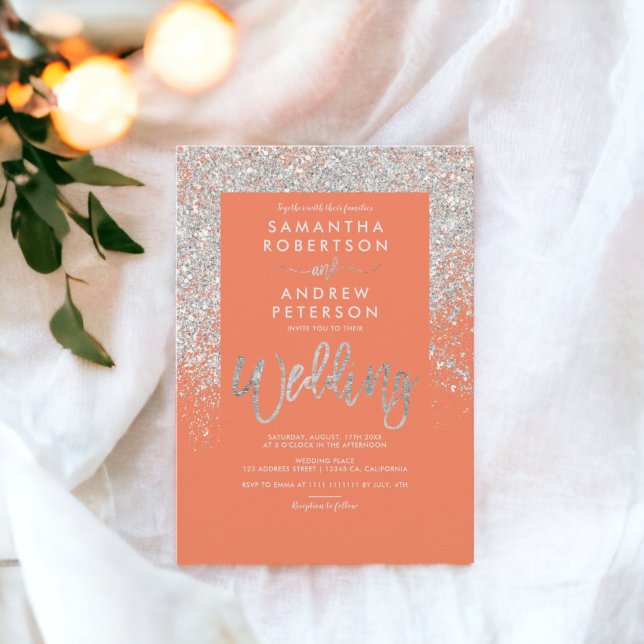 Convite Typografia de prata — casamento de coral laranja (Silver glitter typography orange coral wedding invitation)