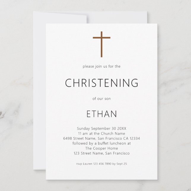 Convite Typografia Minimalista Cross Christening (Frente)