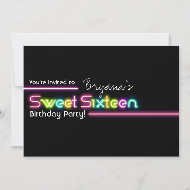 Convite Typografia SWEET 16 Neon Glow Dance Party Convidar (Frente)