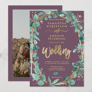 Convite Ucalyptus roxo, ouro-chic, casamento