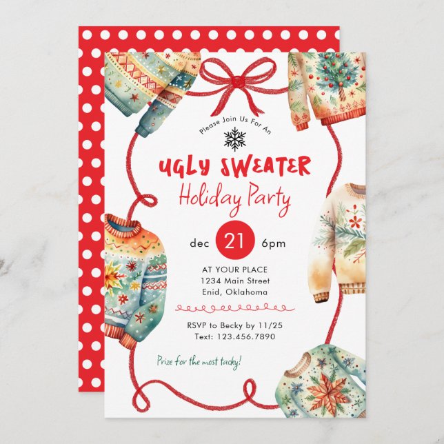 Convite Ugly Sweater Holiday Party Watercolor (Frente/Verso)