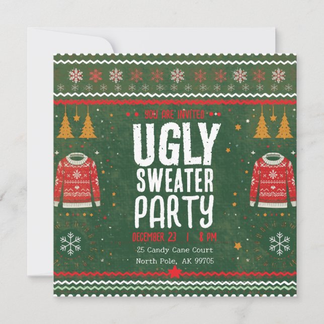 Convite Ugly Sweater Party – Green Gold Holiday Fun (Frente)