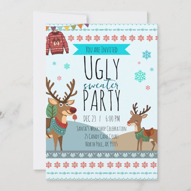 Convite Ugly Sweater Party – Reindeer Snowflake Fun (Frente)