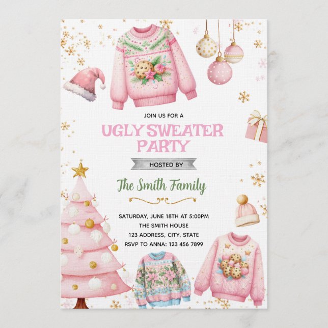 Convite Ugly sweater pink theme invitation (Frente)