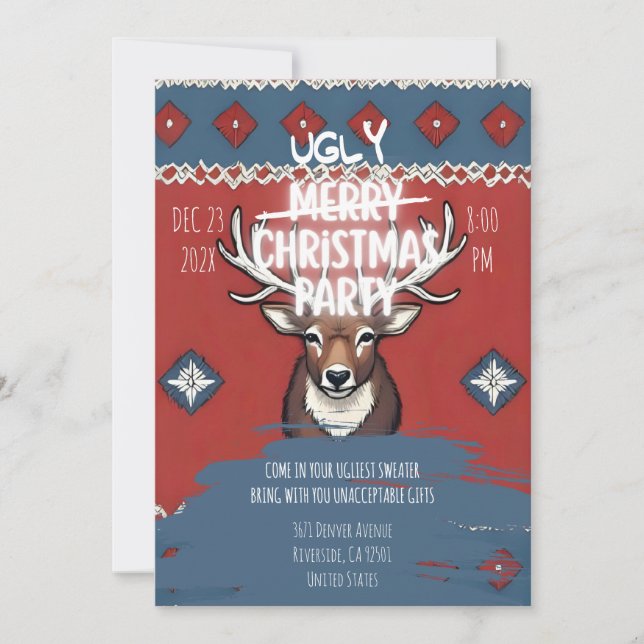 Convite Ugly Sweater Reindeer Christmas Party Invitation (Frente)