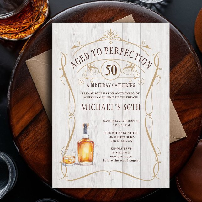 Convite Uísque Perfeição Rustic Branco Aniversário de 50 A (birthday party invitation for men 50th whiskey bourbon aged to perfection western barn rustic wood)
