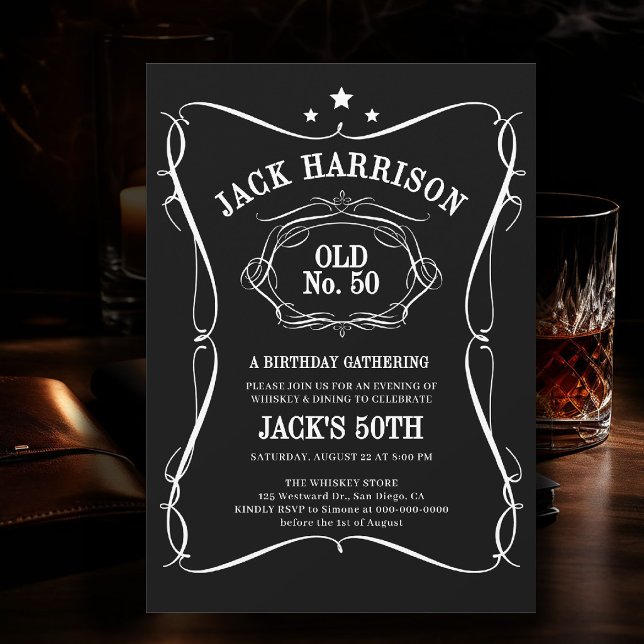 Convite Uísque Preto Branco Rótulo Velho Nº 50º Aniversári (birthday party invitation for men 50th whiskey bourbon bottle label white black old no elegant class)