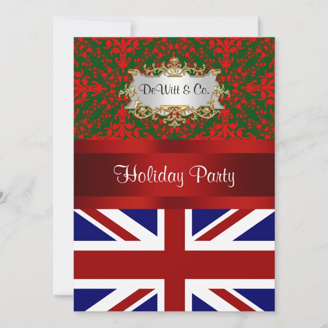 Convite UK England Flag Christmas Holiday Damask 2 V Party (Frente)
