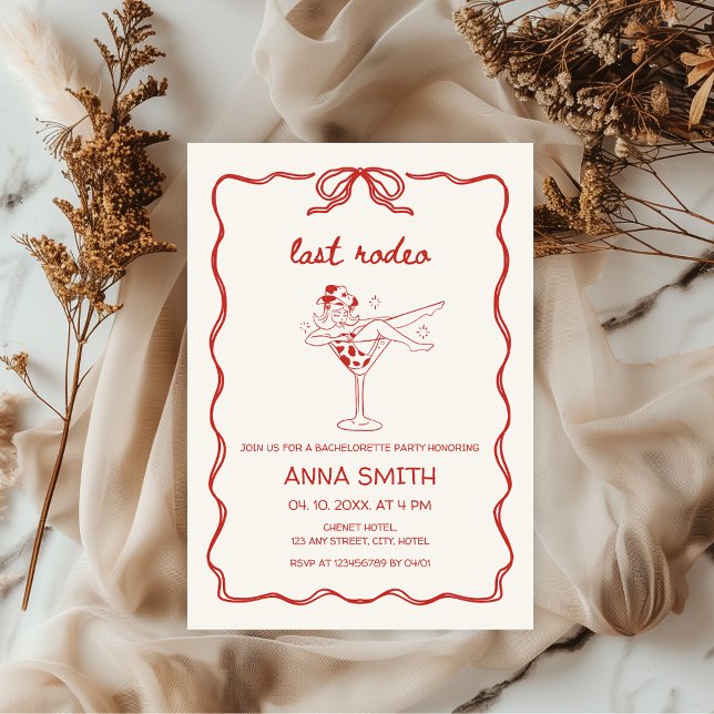 Convite Última Bachelorette Vermelha desenhada Pelos Rodei (Last Rodeo Bachelorette Party Nash Bash, Giddy Up, Let's go girls, hand-drawn invitation Cowgirl)