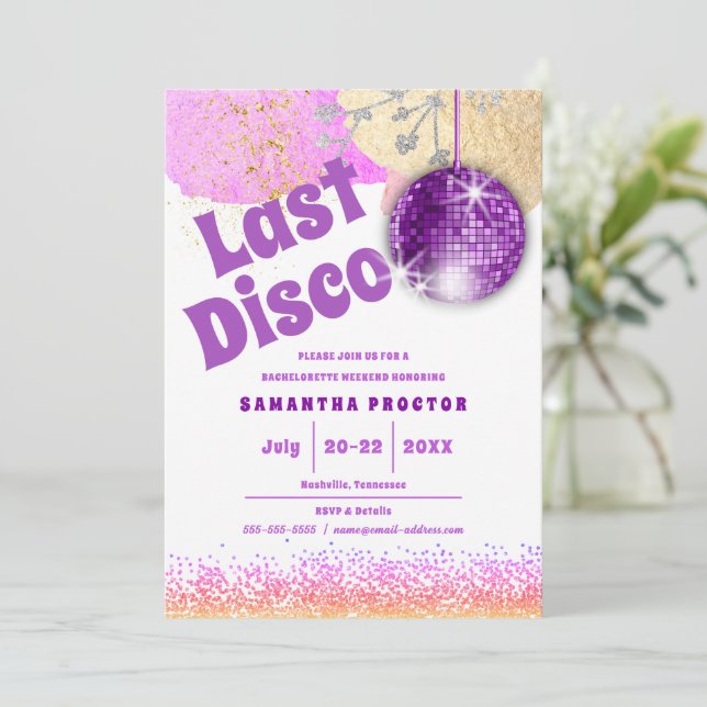 Convite Última Bachelorreia Dourada com Glam Roxo do Disco (Em pé/Frente)