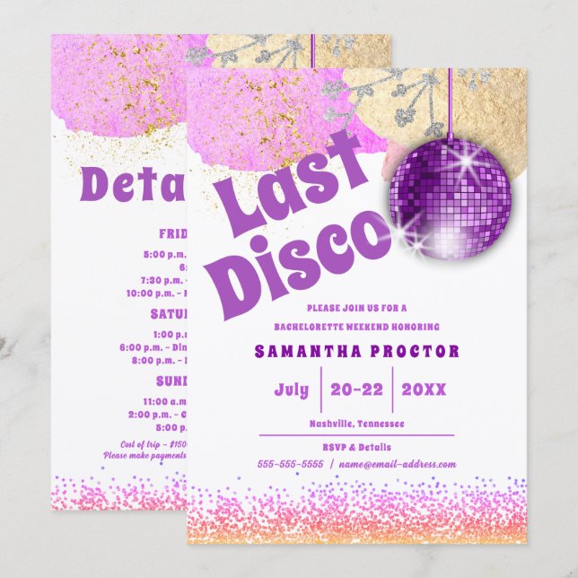 Convite Última Disco Retro Glamour Roxo Dourado Despedida  (Frente/Verso)