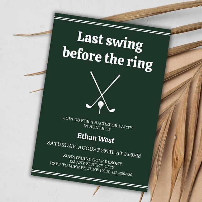Convite Última Festa de Despedida de Na moda de Golfe (Last Swing Before The Ring Golf Stylish Bachelor Party Invitation green golfing par-tee)