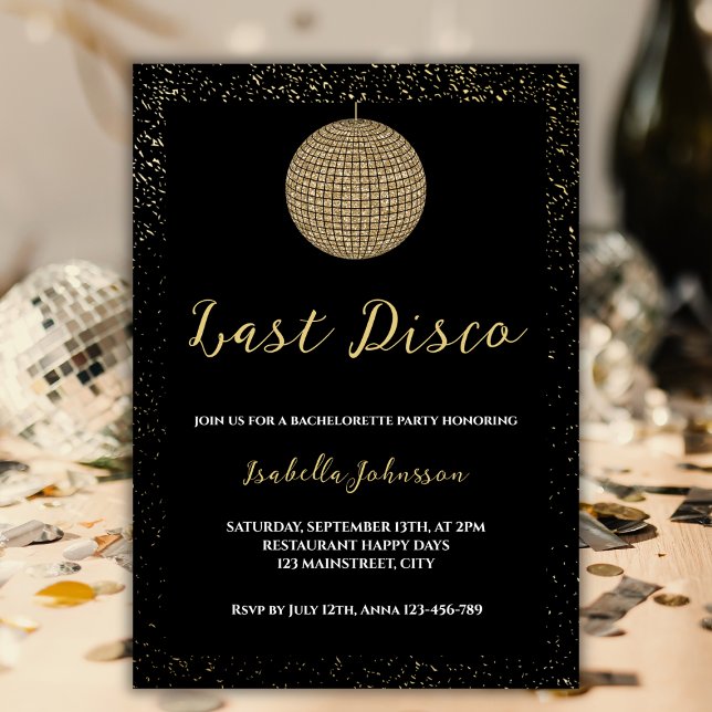 Convite Última Festa de solteira de Ouro de Esfera de Disc (last disco bachelorette party invitation black golden glitter disco ball retro)