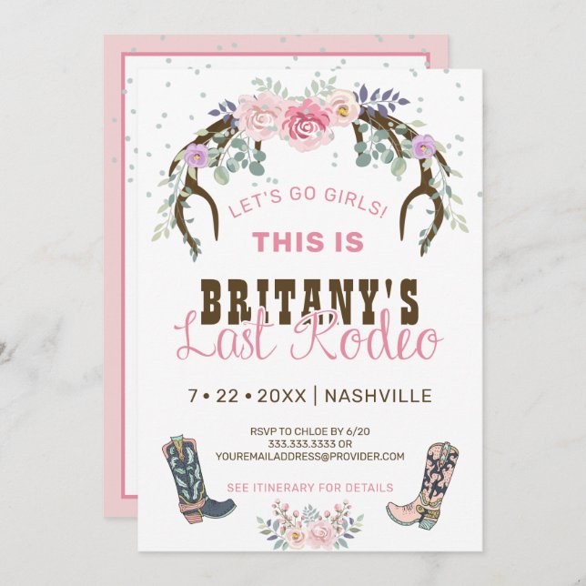 Convite Última Festa de solteira de Rodeio Rosa (Frente/Verso)