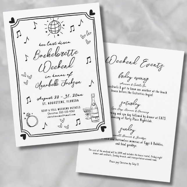 Convite Última Festa de solteira Desenhada da Mão do Disco (Last Disco Hand Drawn Bachelorette Party Invitation)