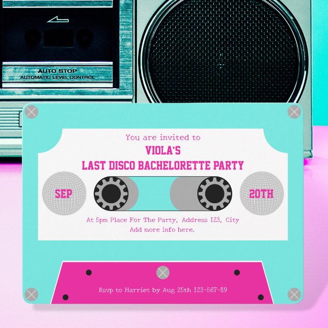 Convite Última Fita De Cassete Retro Cor-De-Rosa E Turques (last disco cassette tape bachelorette party invitation pink and turquoise silver disco ball retro)