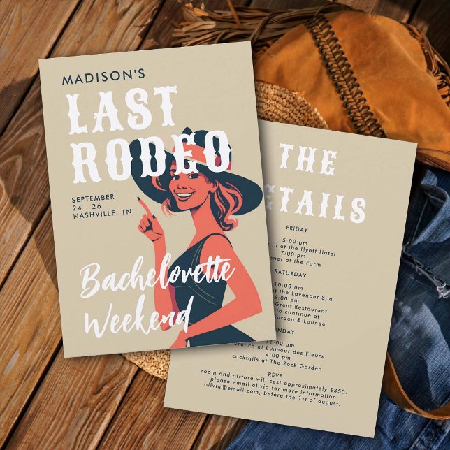 Convite Última Garota Rodeo Glam Linen Bachelorette (last rodeo bachelorette weekend invitation itinerary retro vintage elegant glam cowgirl black white)
