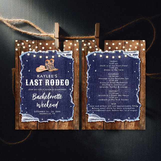Convite Última Rodeo Denim Diamantes Bachelorette (denim and diamonds bachelorette party invitation itinerary rustic wood blue white cowgirl hoedown)