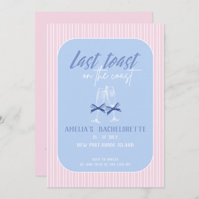 Convite Última torrada na costa da Festa de solteira rosa (Frente/Verso)