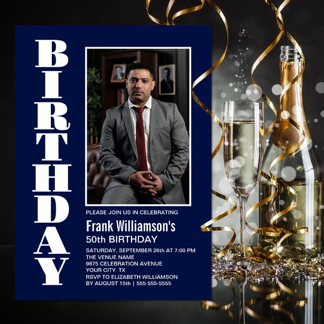 Convite Último aniversário de fotos brancas azuis de qualq (Criador carregado)