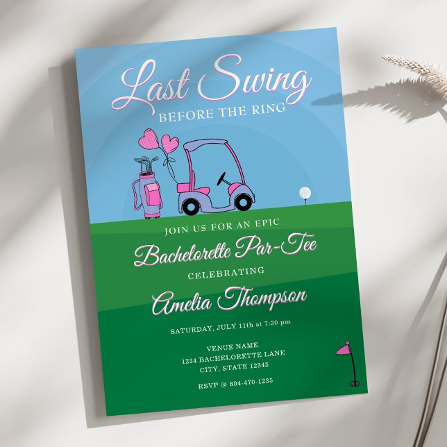 Convite Último balanço antes do anel! Golf Bachelorette (Last Swing Before the Ring! Pink and Green Golf-Themed Bachelorette Party Invitation)