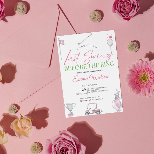 Convite Último Balanço Antes do Anel Rosa Chuveiro de Noiv (last swing before the ring, golf bridal shower invitation, pink, country club  party invite, sporty )