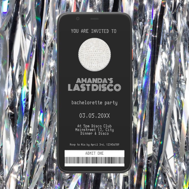 Convite Último Bilhete Silver de Baquelorette Disco (last disco silver bachelorette party invitation ticket)