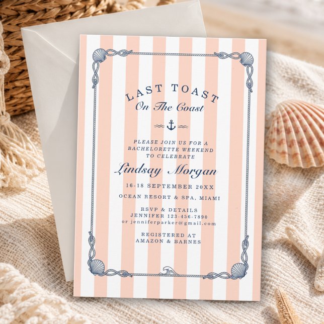 Convite Último brinde na costa! Faixa de despedida de solt (Last Toast on the Coast! Bachelorette Stripe Invitation)