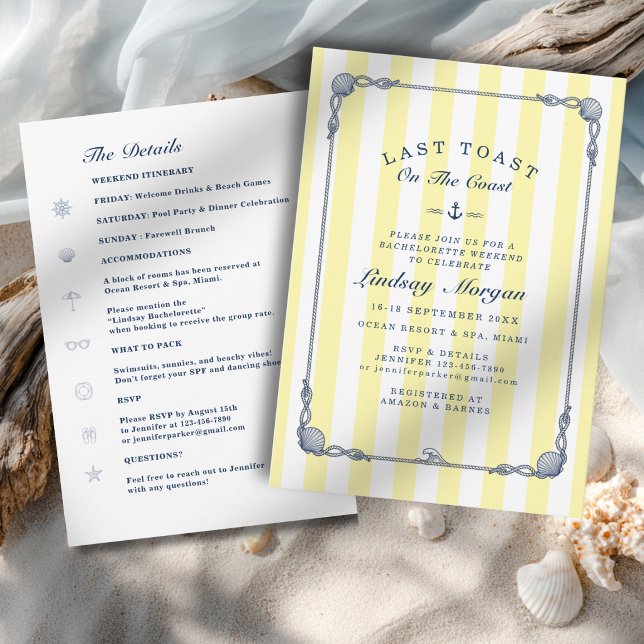 Convite Último brinde na costa! Listras de despedida de so (Last Toast on the Coast! Bachelorette Yellow Stripes Invitation)
