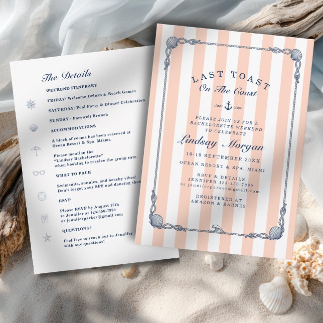 Convite Último brinde na costa! Listras de despedida de so (Last Toast on the Coast! Bachelorette Peach Blush Stripes Invitation)
