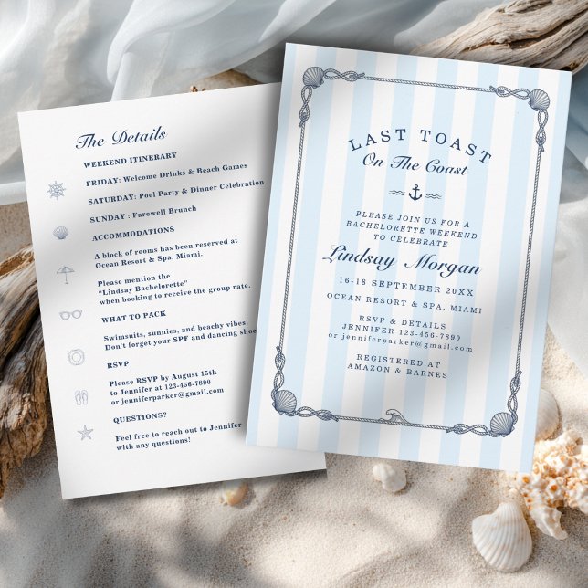 Convite Último brinde na costa! Listras de despedida de so (Last Toast on the Coast! Bachelorette Blue Stripes Invitation)