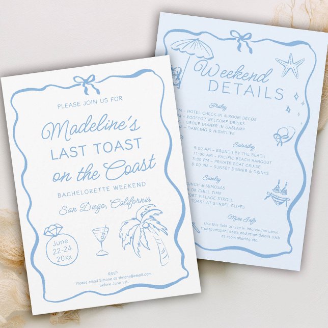 Convite Último brinde na Festa de solteira azul costeira (last toast on the coast bachelorette party invitation invite itinerary hand drawn written doodle bow)