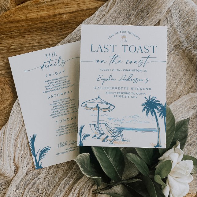 Convite Último brinde na Festa de solteira costeira (Last Toast on the Coast Bachelorette Party Invite and Itinerary)