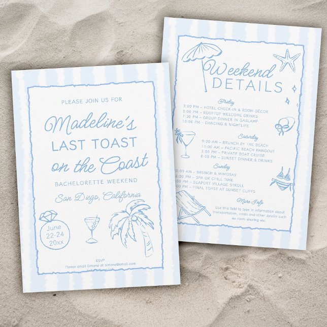 Convite Último brinde na Festa de solteira de faixas coste (last toast on the coast bachelorette party invitation invite itinerary hand drawn written stripes)