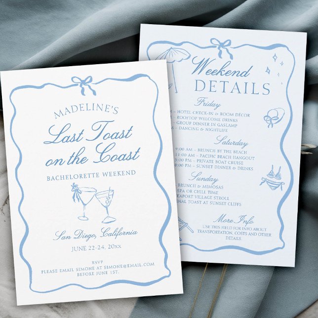 Convite Último brinde na Festa de solteira de Script Coste (last toast on the coast bachelorette party itinerary hand drawn script calligraphy elegant blue)