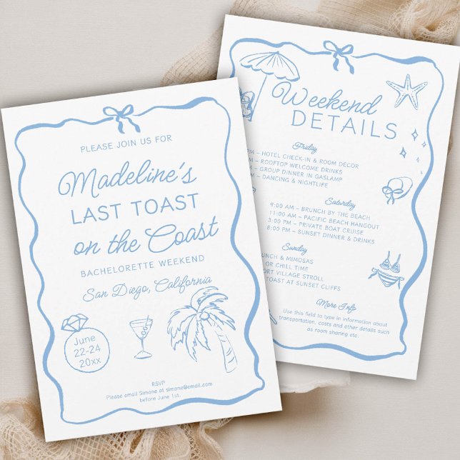Convite Último brinde na Festa de solteira do Arco costeir (last toast on the coast bachelorette party invitation invite itinerary hand written drawn doodle )