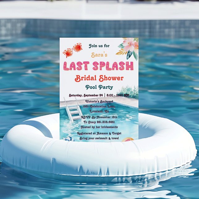 Convite Último Chá de panela de Bachelorette Testado pela  (Last Splash Pool pool-themed watercolor tropical flower Bachelorette Bridal Shower Invitation)