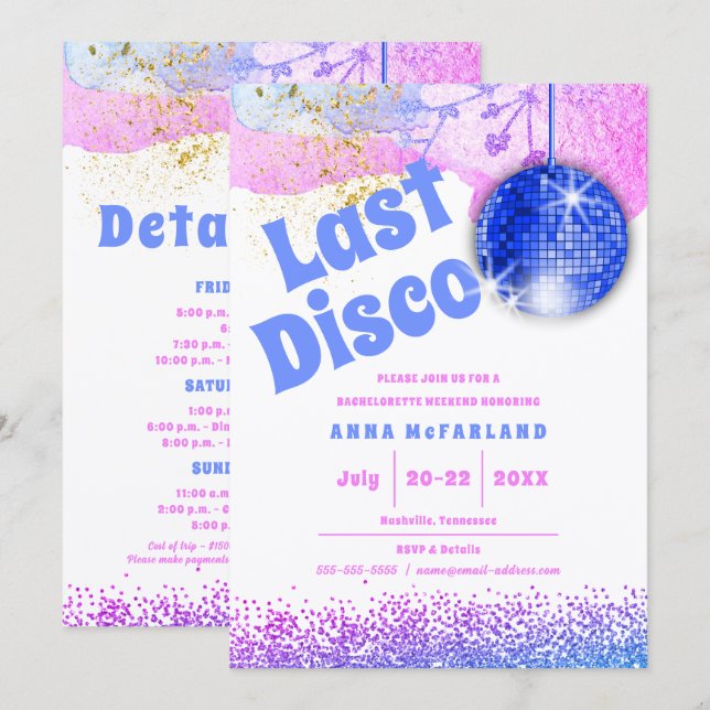 Convite Último Disco Glam Retro Azul Rosa Despedida de Sol (Frente/Verso)
