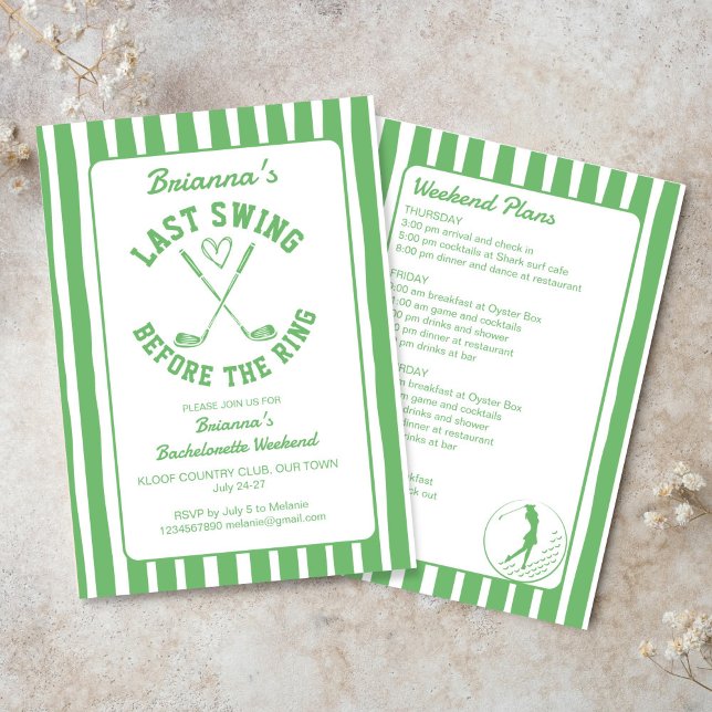 Convite Último fim de semana do clube de golfe Bachelorett (Last swing before the ring golf country club Bachelorette weekend party Invitation template green)
