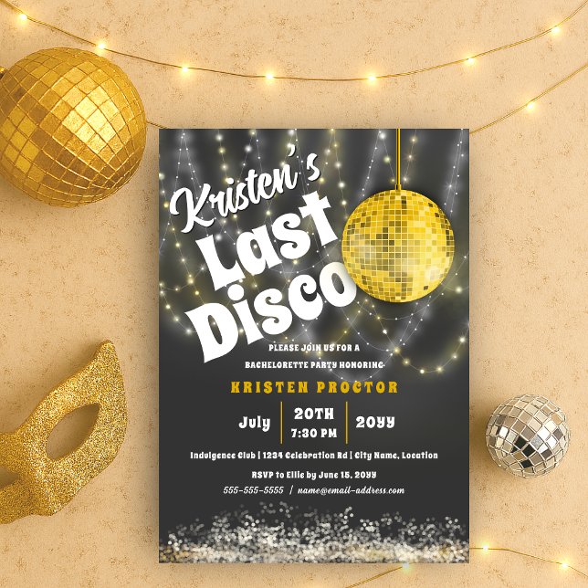 Convite Último Glam de Festa de solteira de Base Disco Dou (Gold glam disco ball retro last disco bachelorette party invitation front view)