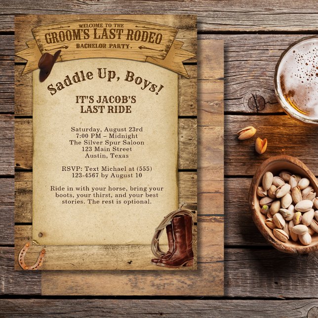 Convite Último Rodeio do Groom a selar o partido de soltei (Groom’s Last Rodeo Saddle Up Boys Bachelor Party Invitation)