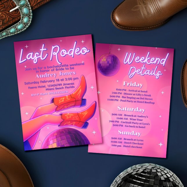 Convite Último Rodeio - Fim de Semana de Despedida de Solt (Last Rodeo - Disco Cowgirl Bachelorette Weekend Invitation)