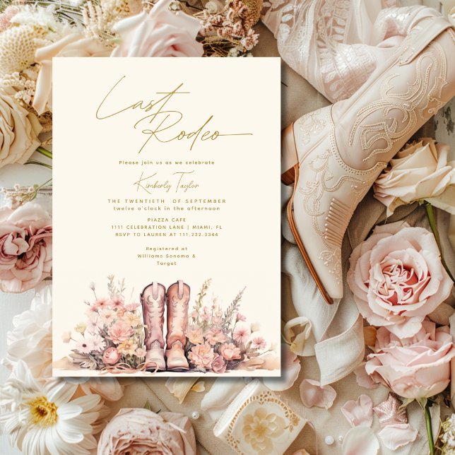 Convite Último Rodeo Boots Chá de panela Floral Cowgirl (Last Rodeo Boots Floral Cowgirl Bridal Shower Invitation)